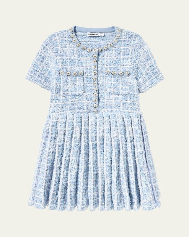 Girl's Check-Print Embellished Boucle Dress, Size 3T-12